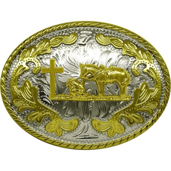 Women\'s Oval Golden Religion Cross Kneeling Prayer And Horse Design Belt Buckles main image 5